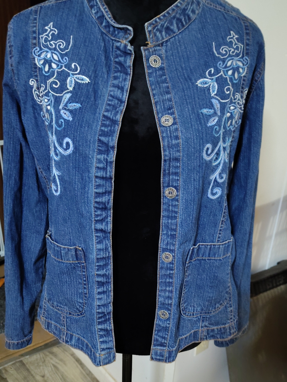 Embroidered Blue Denim Button-Front Jacket